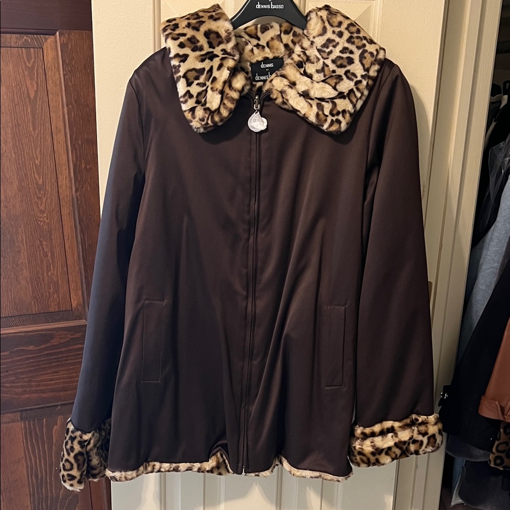 Dennis Basso Brown Leopard Trim Women's Jacket